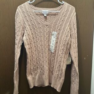 St Johns Bay Long Sleeve Sweater Women’s Medium Cinnamon Beige V Neck Cable Knit